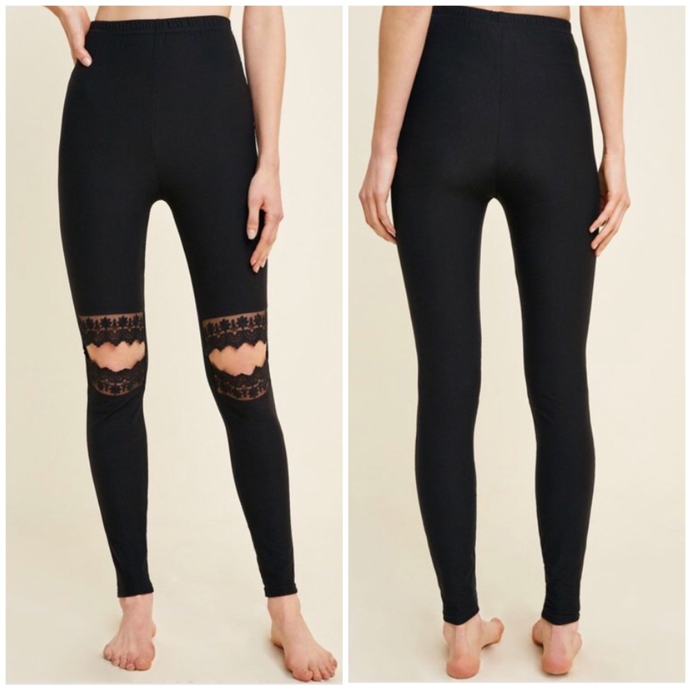 CLEARANCE Black Faux Suede Lace Cut Out Knee Leggings - Picture 3 of 3
